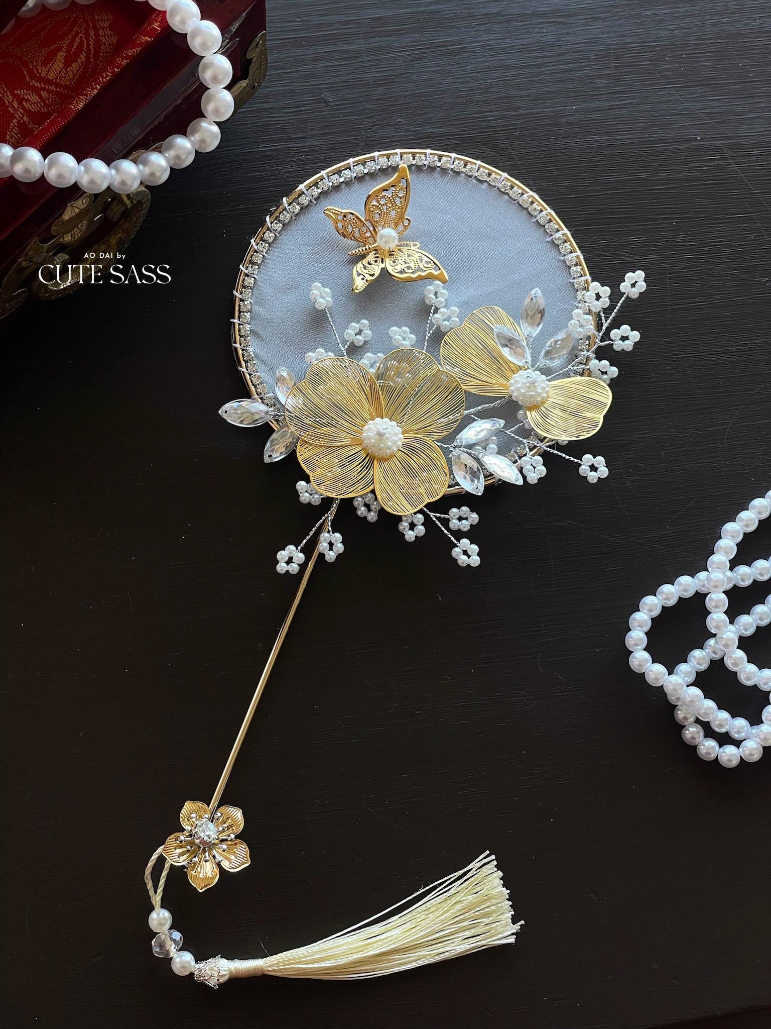 LUNA FLORA Gold Blossom Mini Fan #1| Vietnamese Ao Dai Accessories | Wedding Ao Dai | Bridal Ao Dai| Tet Lunar New Year Headband