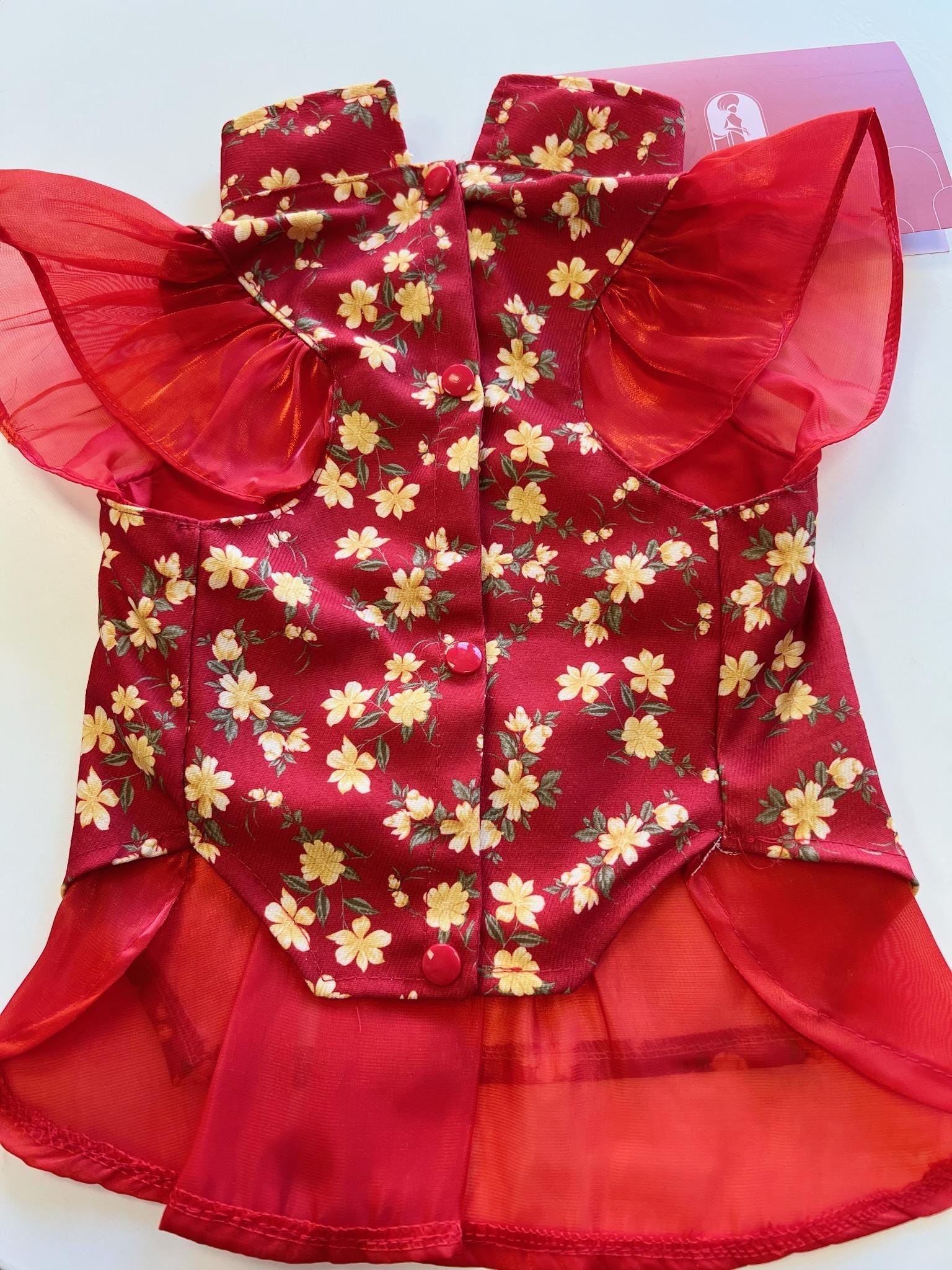 Pet Red Wing Sleeves Daisy Ao Dai 14-15B| Pet Vietnamese Ao Dai Outfit | Cute Dog and Cat Ao Dai | Lunar New Year Pet Clothes |