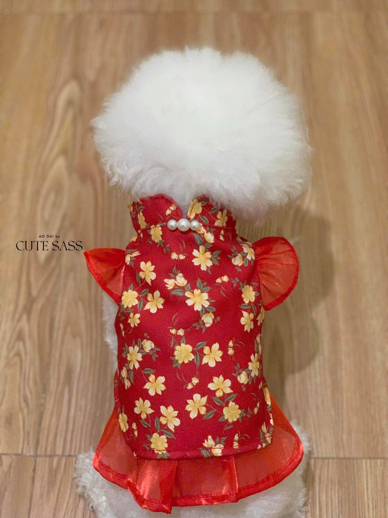 Pet Red Wing Sleeves Daisy Ao Dai 14-15B| Pet Vietnamese Ao Dai Outfit | Cute Dog and Cat Ao Dai | Lunar New Year Pet Clothes |