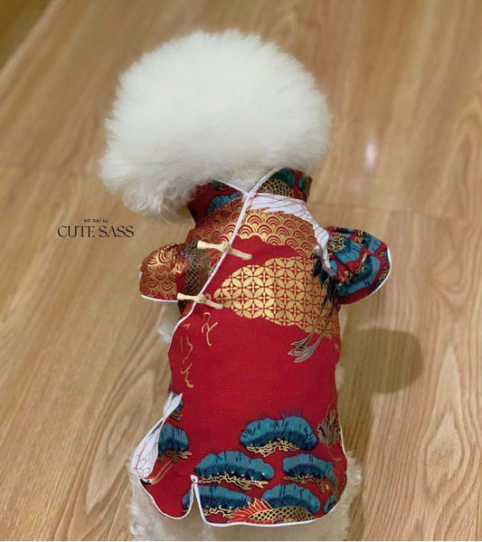 Pet Maroon Hac Patterns Ao Dai with Buttons 14-15B| Pet Asian Outfit | Cute Dog and Cat Ao Dai | Lunar New Year Pet Clothes |