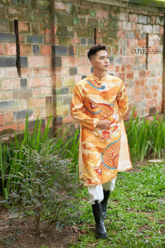 Men Orange Printed Dragon Ao Dai Top| Pre-made Traditional Vietnamese Ao Dai| Lunar New Year | Ao Dai for Dad, Boy | Ao Dai Tet|