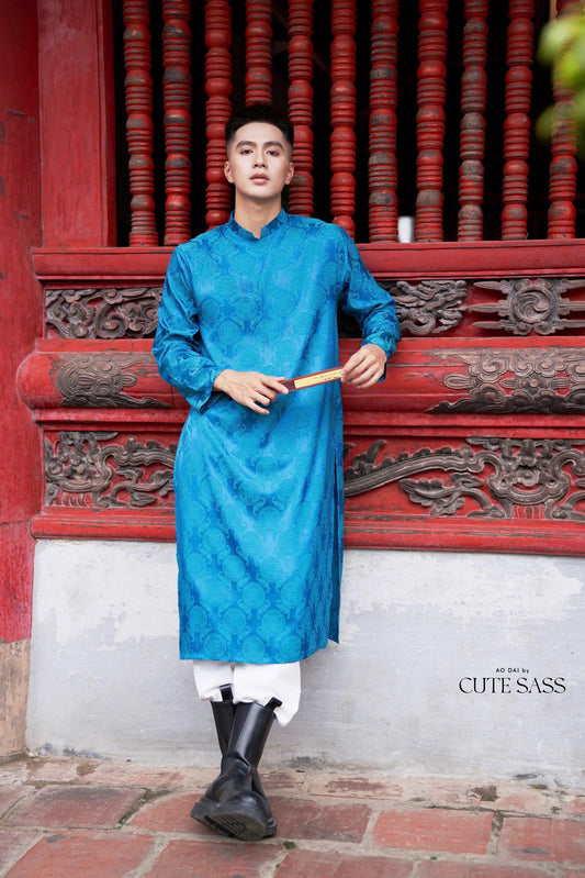 Men Blue Gam Silk Ao Dai Top| Pre-made Traditional Vietnamese Ao Dai| Lunar New Year | Ao Dai for Dad, Boy | Ao Dai Tet|