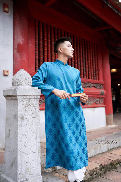 Men Blue Gam Silk Ao Dai Top| Pre-made Traditional Vietnamese Ao Dai| Lunar New Year | Ao Dai for Dad, Boy | Ao Dai Tet|