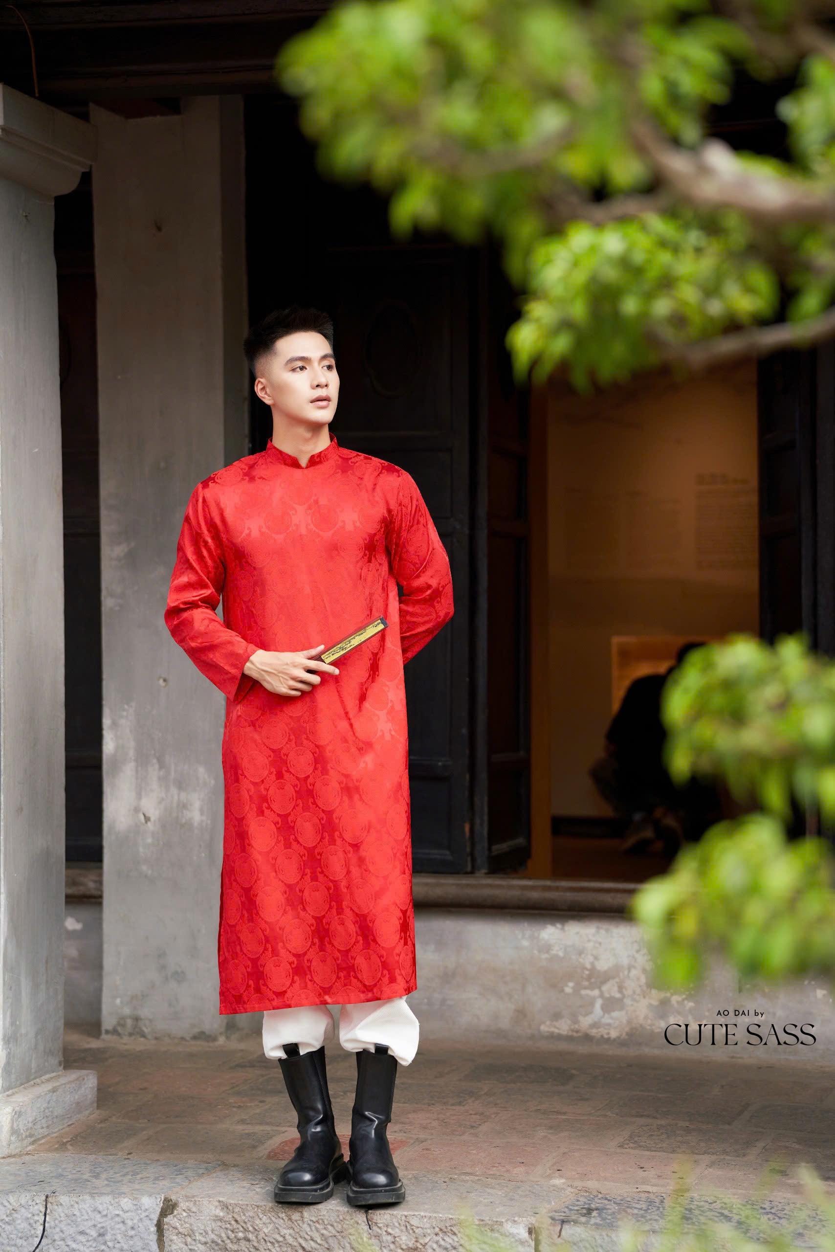 Men Red Gam Silk Ao Dai Top| Pre-made Traditional Vietnamese Ao Dai| Lunar New Year | Ao Dai for Dad, Boy | Ao Dai Tet|