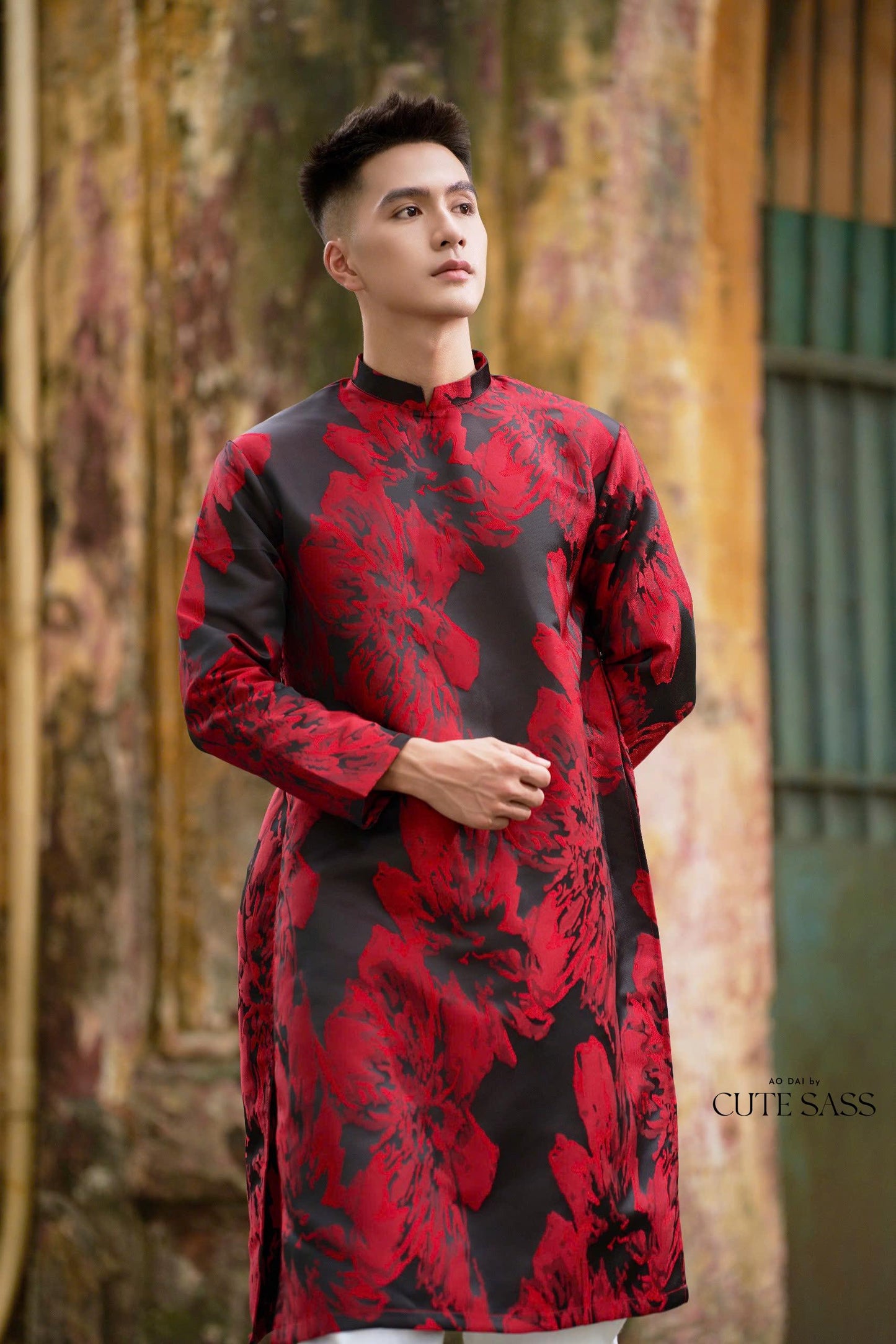 Men Black/Red Eranthis Gam Ao Dai Top | Pre-made Traditional Vietnamese Ao Dai| Lunar New Year | Ao Dai for Dad, Boy|Ao Dai Tet|