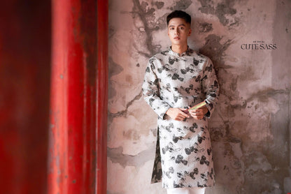 Men Black/White Pennywort Gam Ao Dai Top | Pre-made Traditional Vietnamese Ao Dai| Lunar New Year | Ao Dai for Dad, Boy|Ao Dai Tet|