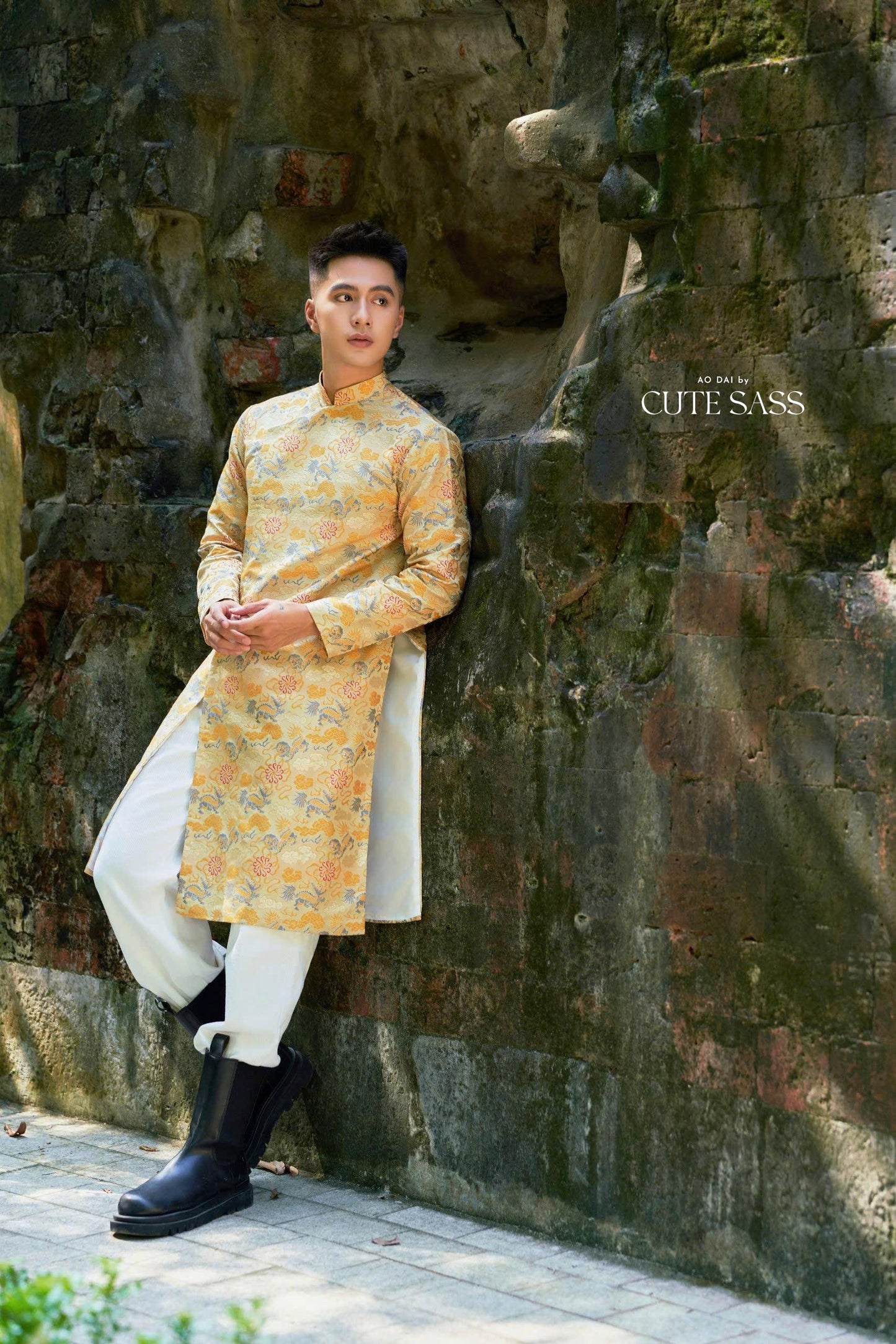 Men Gold Dragon Clouds 3D Gam Ao Dai Top| Pre-made Traditional Vietnamese Ao Dai| Lunar New Year | Ao Dai for Dad, Boy | Ao Dai Tet|