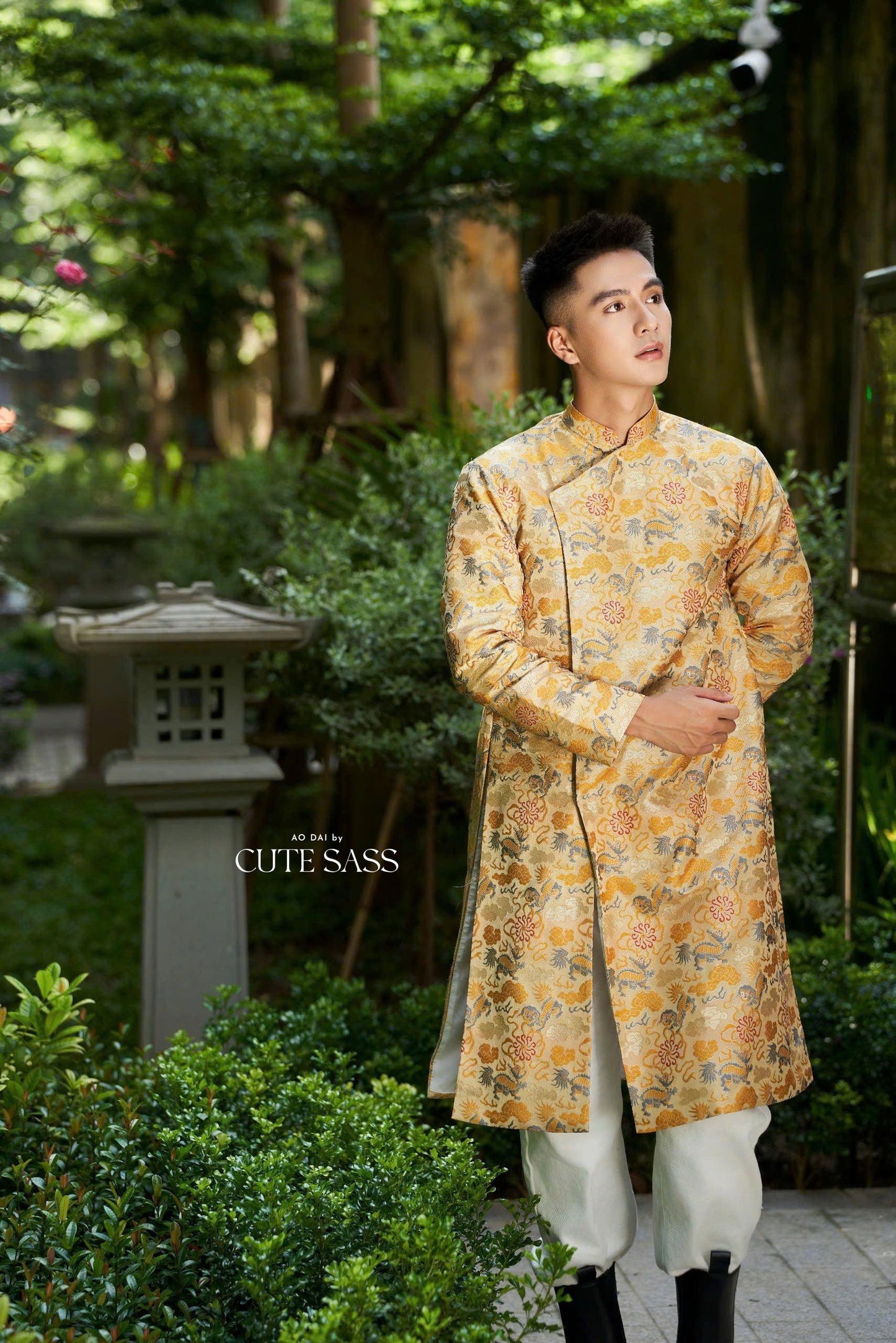 Men Gold Dragon Clouds 3D Gam Ao Dai Top| Pre-made Traditional Vietnamese Ao Dai| Lunar New Year | Ao Dai for Dad, Boy | Ao Dai Tet|