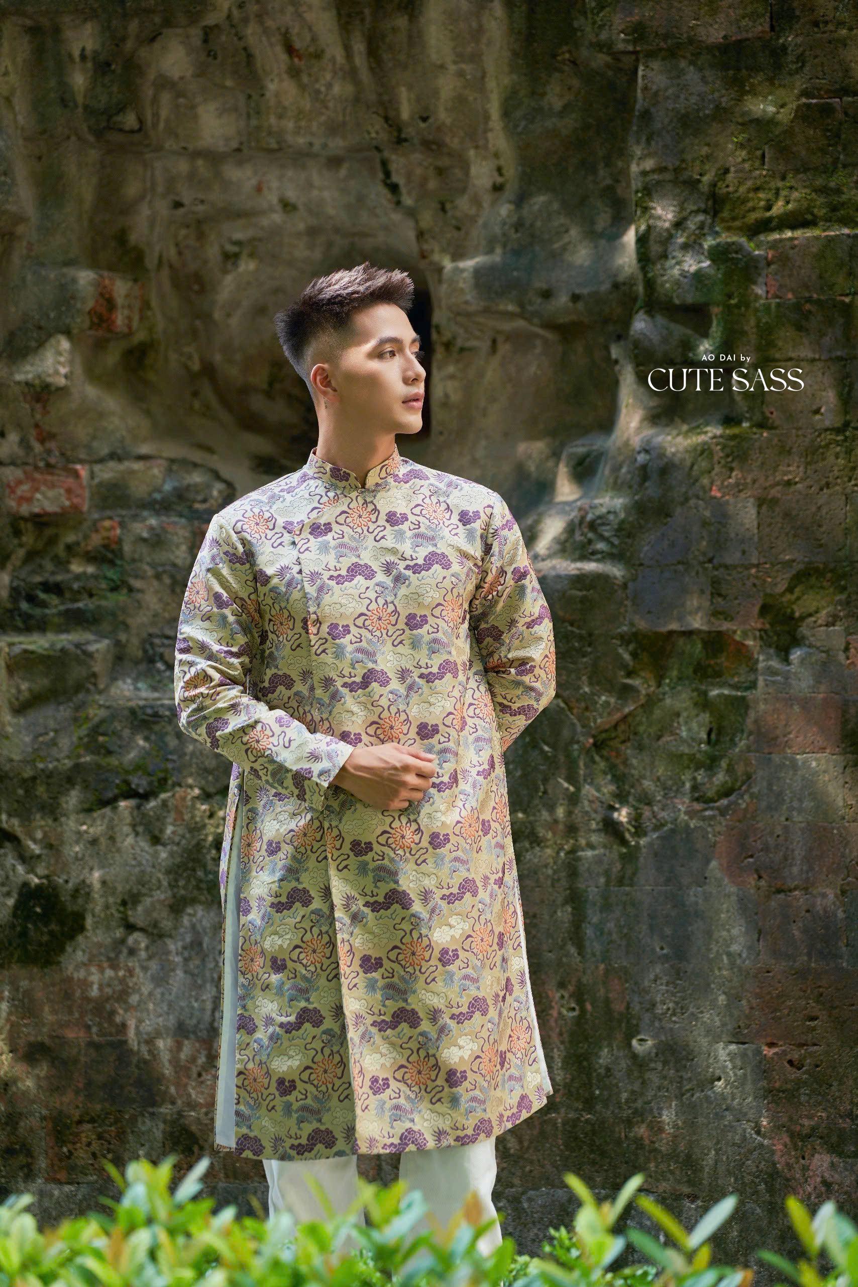 Men Purple Dragon Clouds 3D Gam Ao Dai Top| Pre-made Traditional Vietnamese Ao Dai| Lunar New Year | Ao Dai for Dad, Boy | Ao Dai Tet|