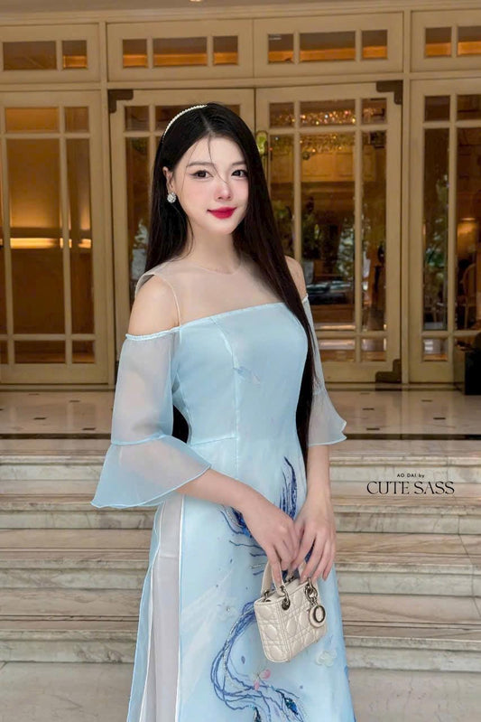 Blue Mesh Shoulder Flared Sleeves Ao Dai Set| Pre-made Modernized Vietnamese Ao Dai| Women Ao Dai with Pants| Lunar New Year|