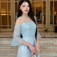 Blue Mesh Shoulder Flared Sleeves Ao Dai Set