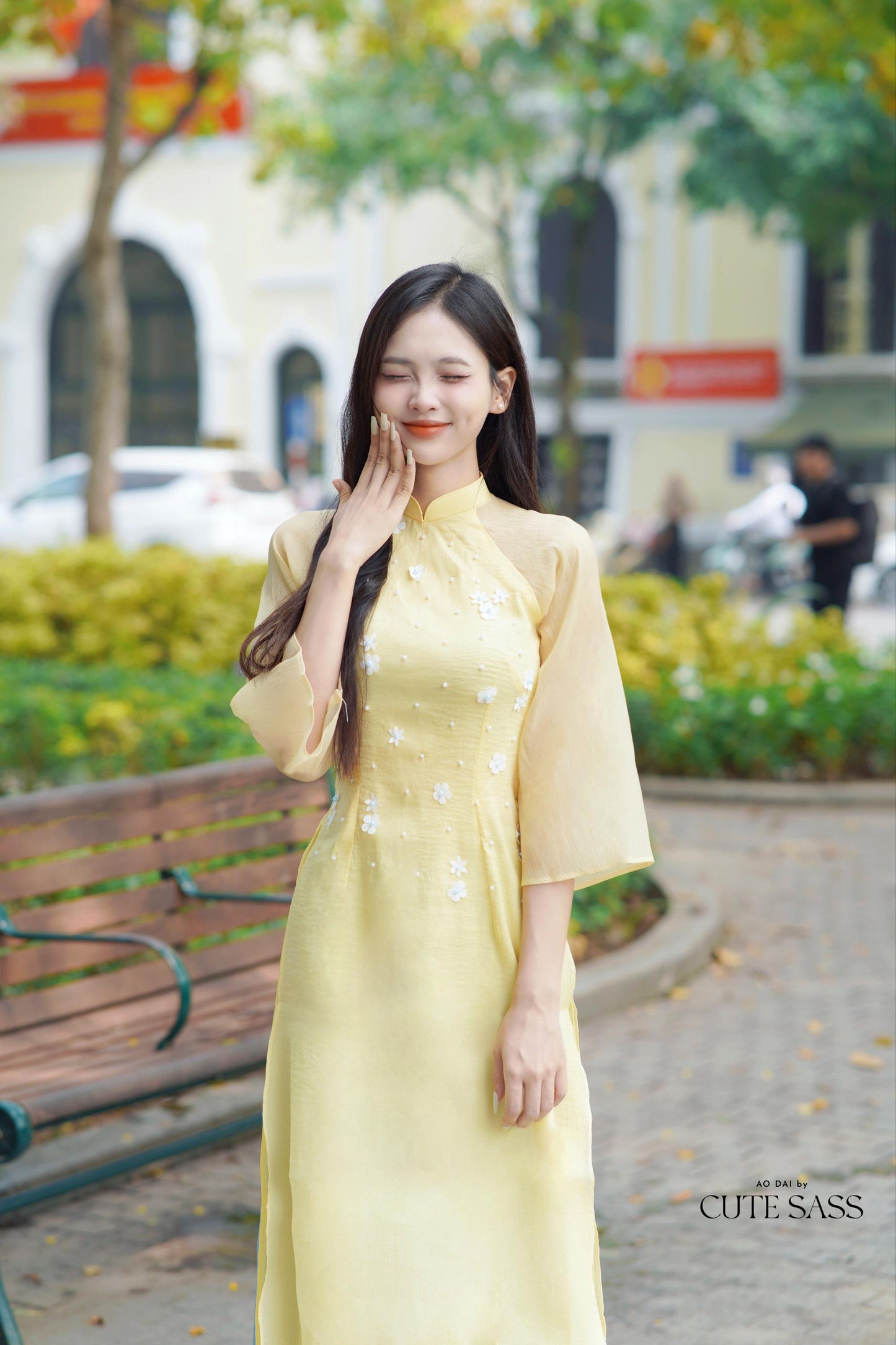 Yellow Sparkle Daisy Ao Dai Set 26C|Pre-made Modernized Vietnamese Ao Dai| Ao Dai with Pants | Lunar New Year| Ao Dai Truyen Thong|26C