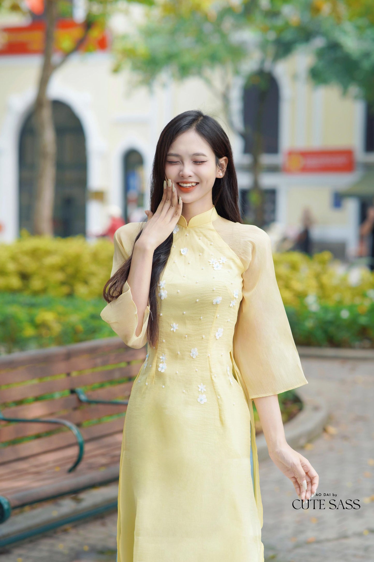 Yellow Sparkle Daisy Ao Dai Set 26C|Pre-made Modernized Vietnamese Ao Dai| Ao Dai with Pants | Lunar New Year| Ao Dai Truyen Thong|26C