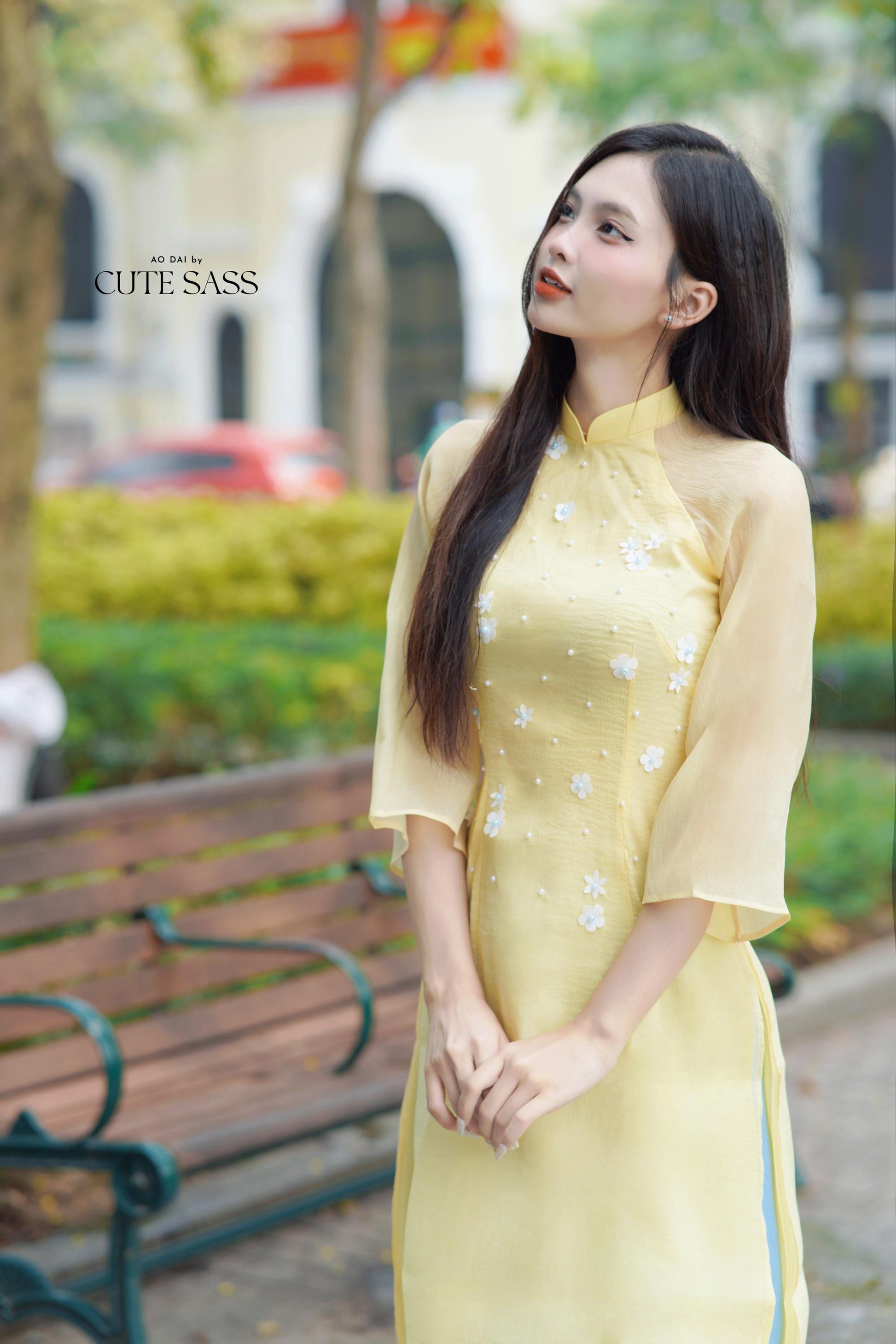 Yellow Sparkle Daisy Ao Dai Set 26C|Pre-made Modernized Vietnamese Ao Dai| Ao Dai with Pants | Lunar New Year| Ao Dai Truyen Thong|26C