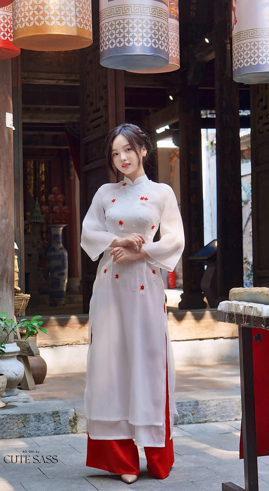 White Sparkle Red Daisy Ao Dai Set 6B|Pre-made Modernized Vietnamese Ao Dai| Ao Dai with Pants | Lunar New Year| Ao Dai Truyen Thong