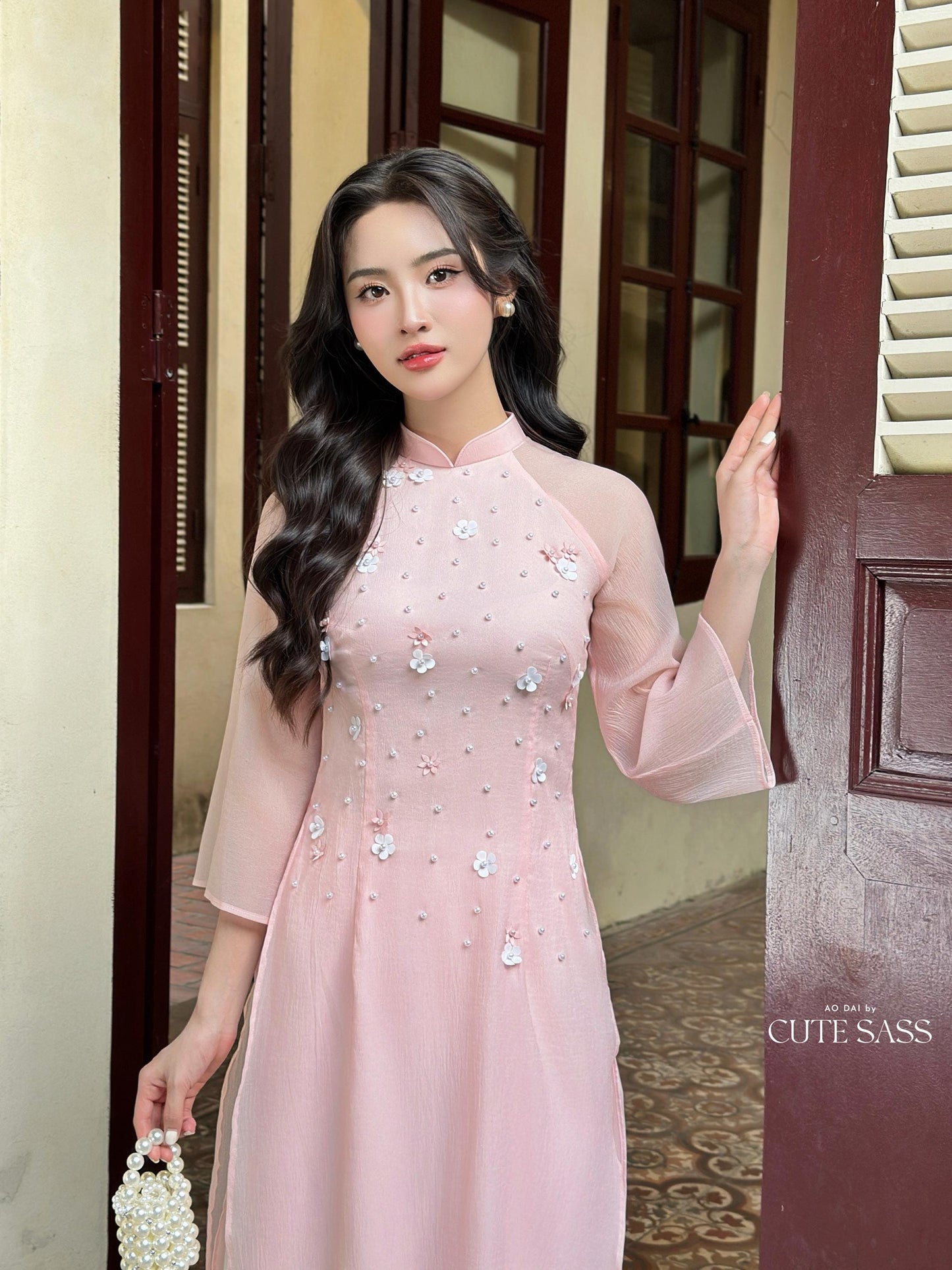 Pink Sparkle White Daisy Ao Dai Set 21B|Pre-made Modernized Vietnamese Ao Dai| Ao Dai with Pants | Lunar New Year| Ao Dai Truyen Thong