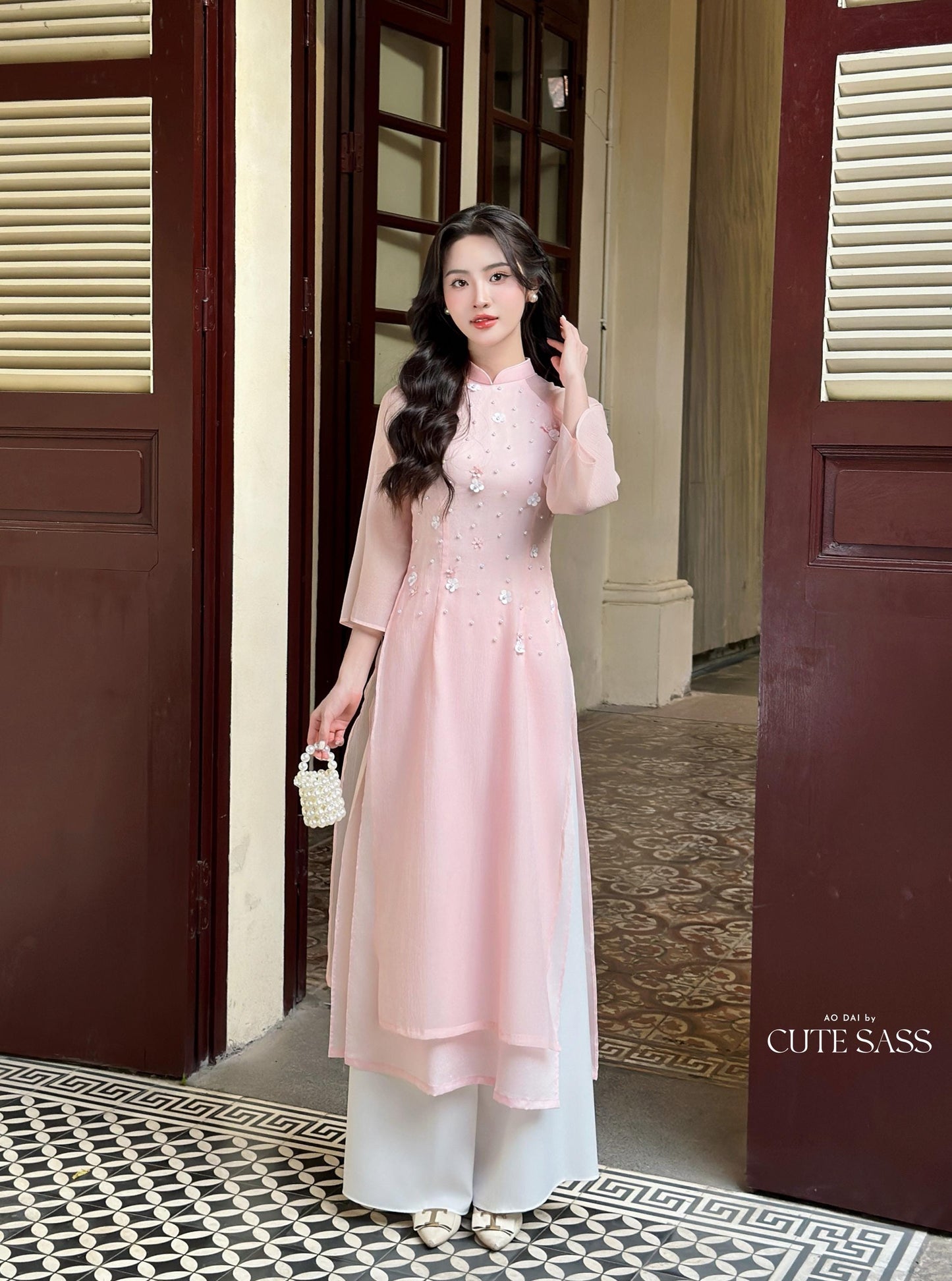 Pink Sparkle White Daisy Ao Dai Set 21B|Pre-made Modernized Vietnamese Ao Dai| Ao Dai with Pants | Lunar New Year| Ao Dai Truyen Thong