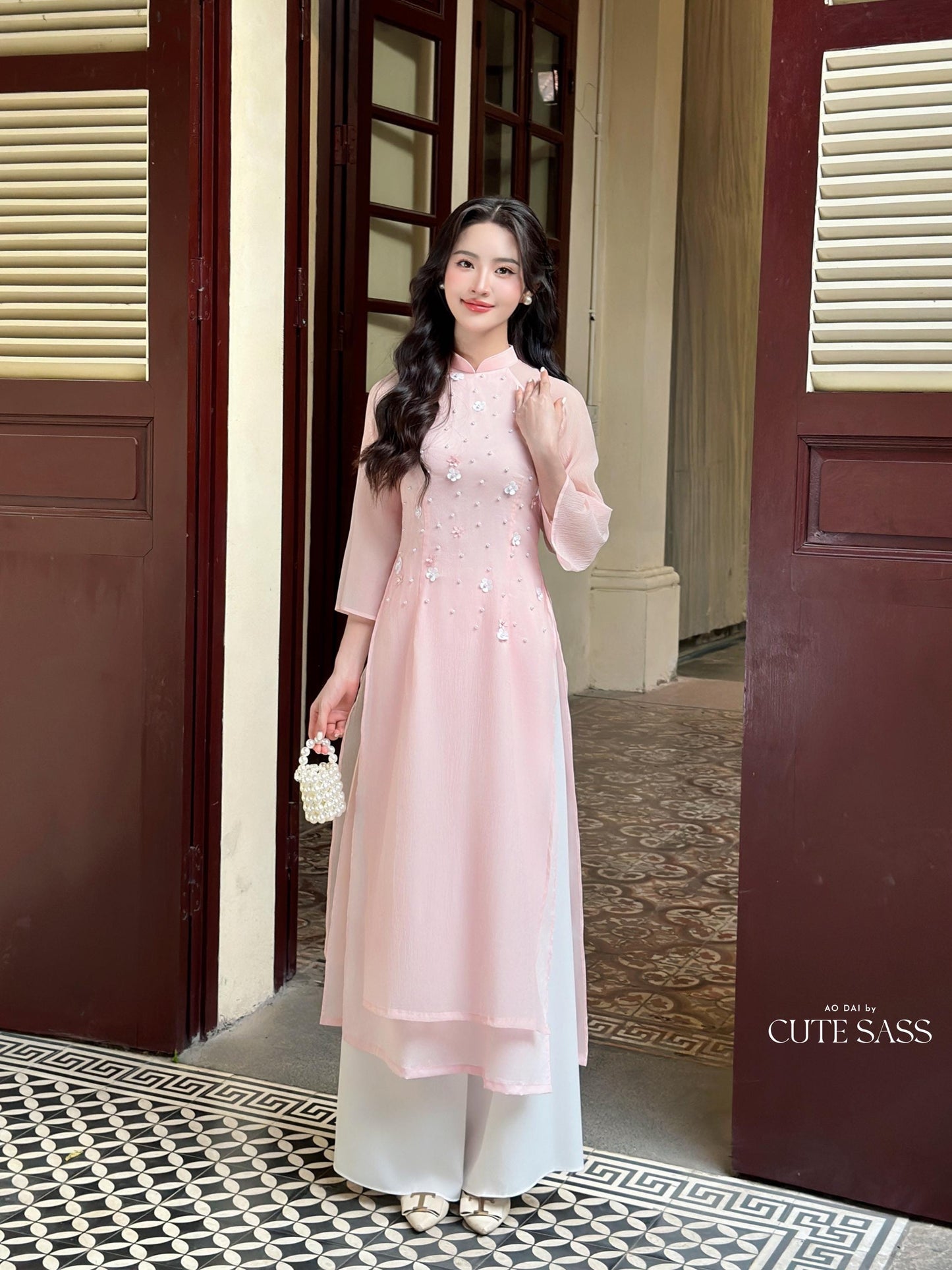 Pink Sparkle White Daisy Ao Dai Set 21B|Pre-made Modernized Vietnamese Ao Dai| Ao Dai with Pants | Lunar New Year| Ao Dai Truyen Thong