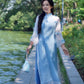 Shifted Blue Sleeves Bow Ao Dai Set 20C|Pre-made Modernized Vietnamese Ao Dai| Women Ao Dai with Pants | Lunar New Year| Ao Dai Cach Tan