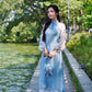 Shifted Blue Sleeves Bow Ao Dai Set 20C|Pre-made Modernized Vietnamese Ao Dai| Women Ao Dai with Pants | Lunar New Year| Ao Dai Cach Tan