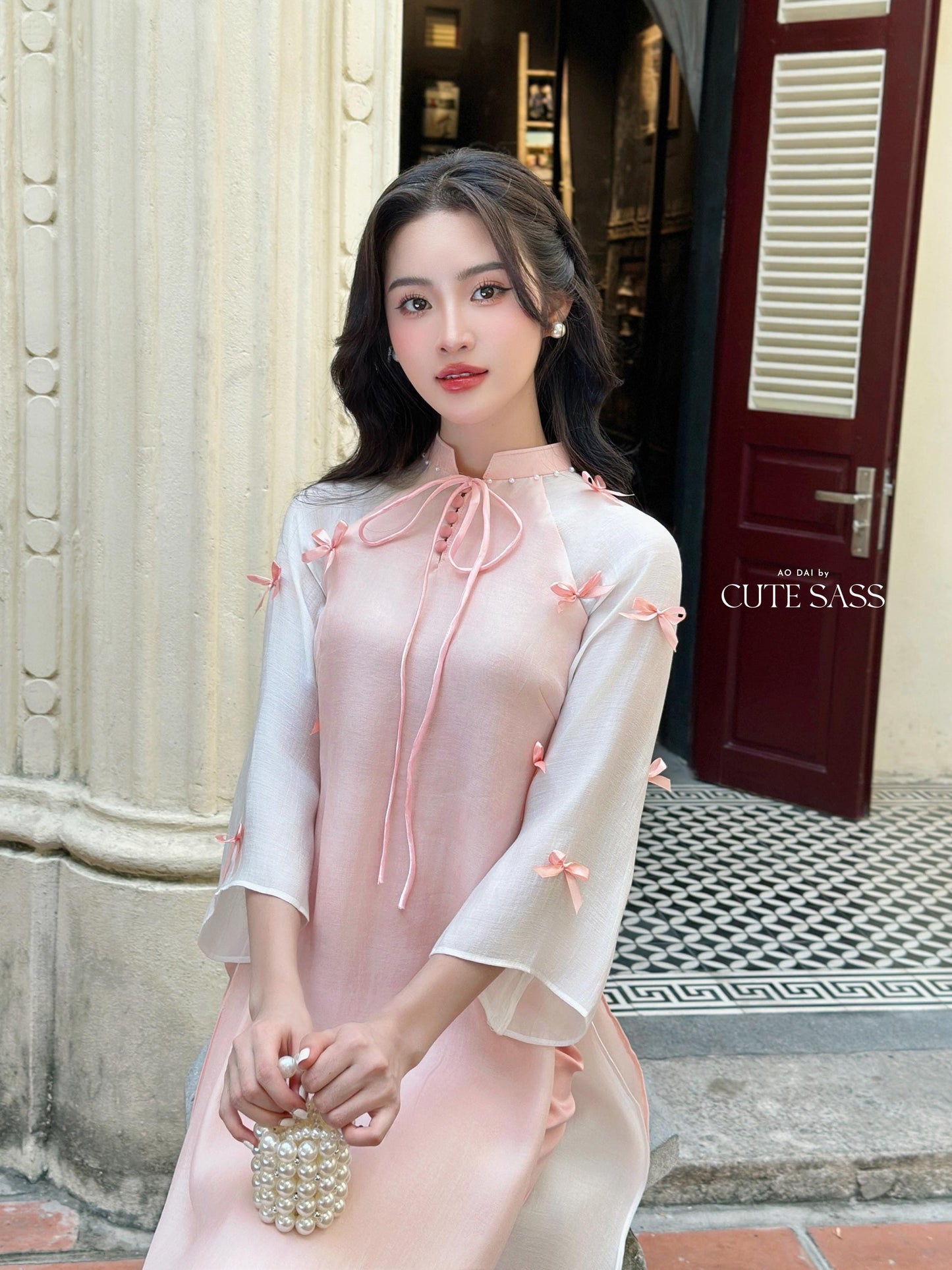 Shifted Pink Sleeves Bow Ao Dai Set 40B|Pre-made Modernized Vietnamese Ao Dai| Women Ao Dai with Pants | Lunar New Year| Ao Dai Cach Tan