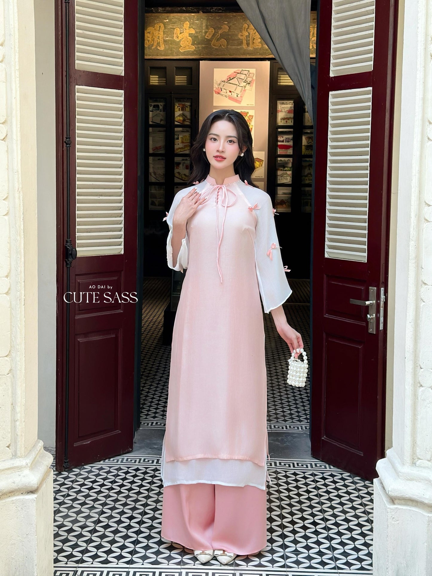 Shifted Pink Sleeves Bow Ao Dai Set 40B|Pre-made Modernized Vietnamese Ao Dai| Women Ao Dai with Pants | Lunar New Year| Ao Dai Cach Tan