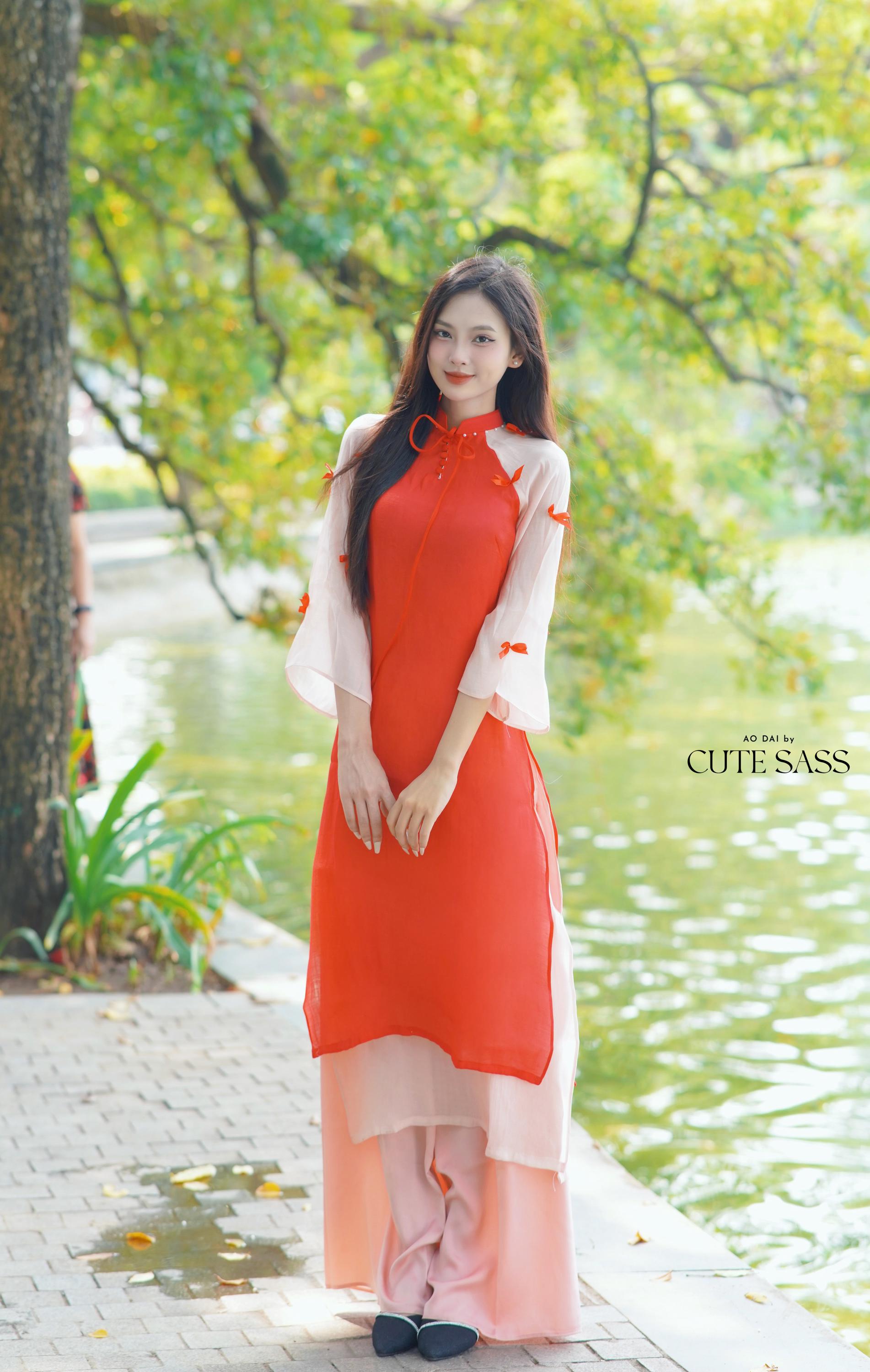 Shifted Red Sleeves Bow Ao Dai Set 40B|Pre-made Modernized Vietnamese Ao Dai| Women Ao Dai with Pants | Lunar New Year| Ao Dai Cach Tan