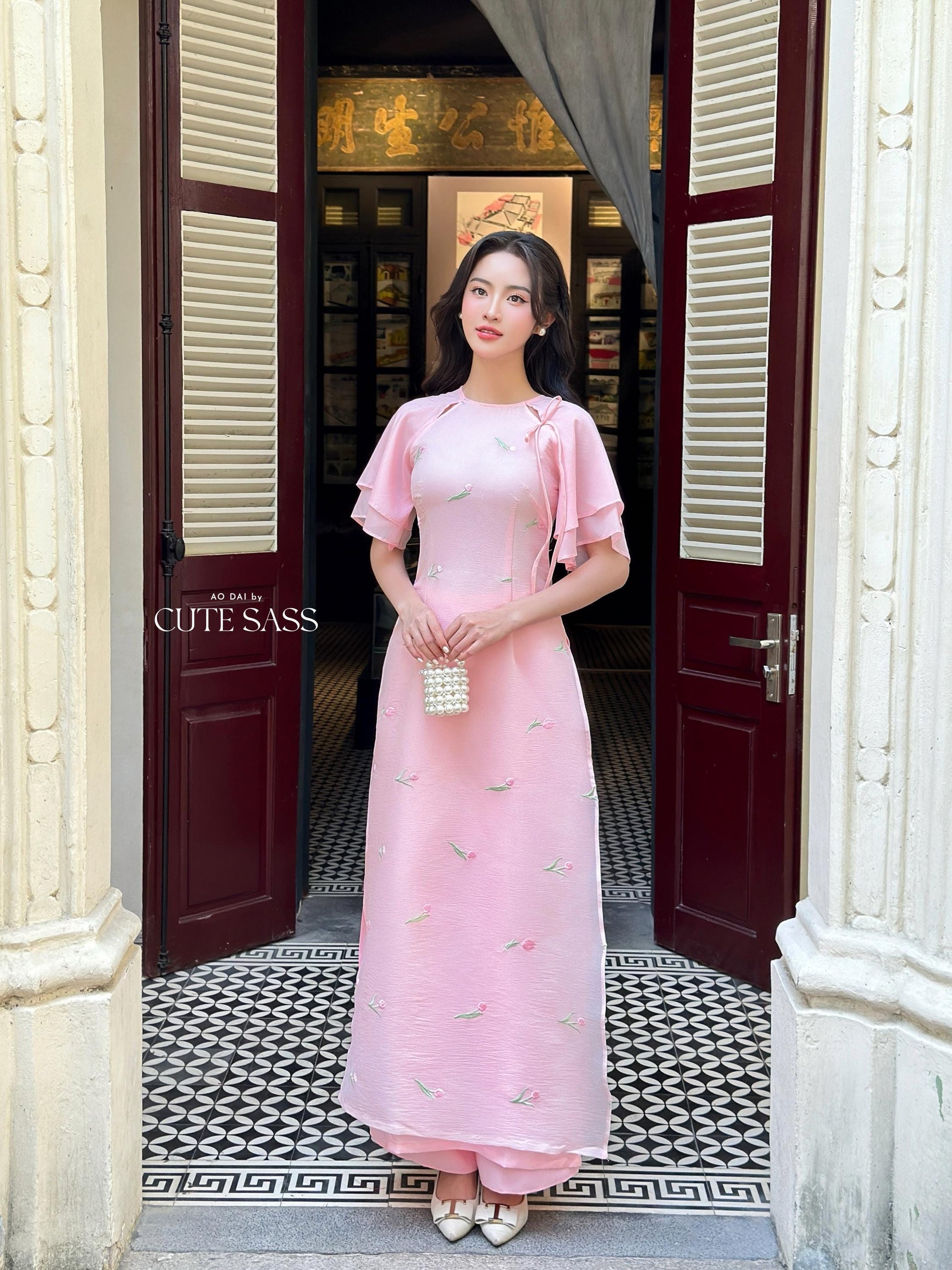 Pink Tulip Wing Sleeves Ao Dai Set 27C|Pre-made Modernized Vietnamese Ao Dai| Women Ao Dai with Pants | Lunar New Year| Ao Dai Cach Tan|