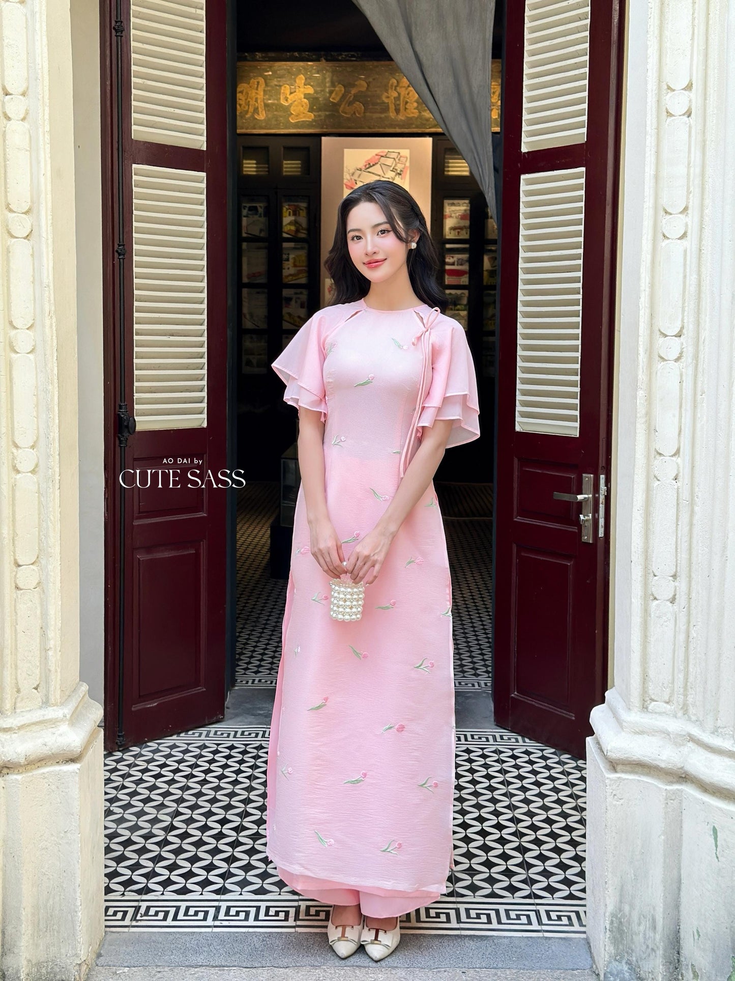 Pink Tulip Wing Sleeves Ao Dai Set 27C|Pre-made Modernized Vietnamese Ao Dai| Women Ao Dai with Pants | Lunar New Year| Ao Dai Cach Tan|