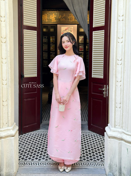 Pink Tulip Wing Sleeves Ao Dai Set 27C|Pre-made Modernized Vietnamese Ao Dai| Women Ao Dai with Pants | Lunar New Year| Ao Dai Cach Tan|