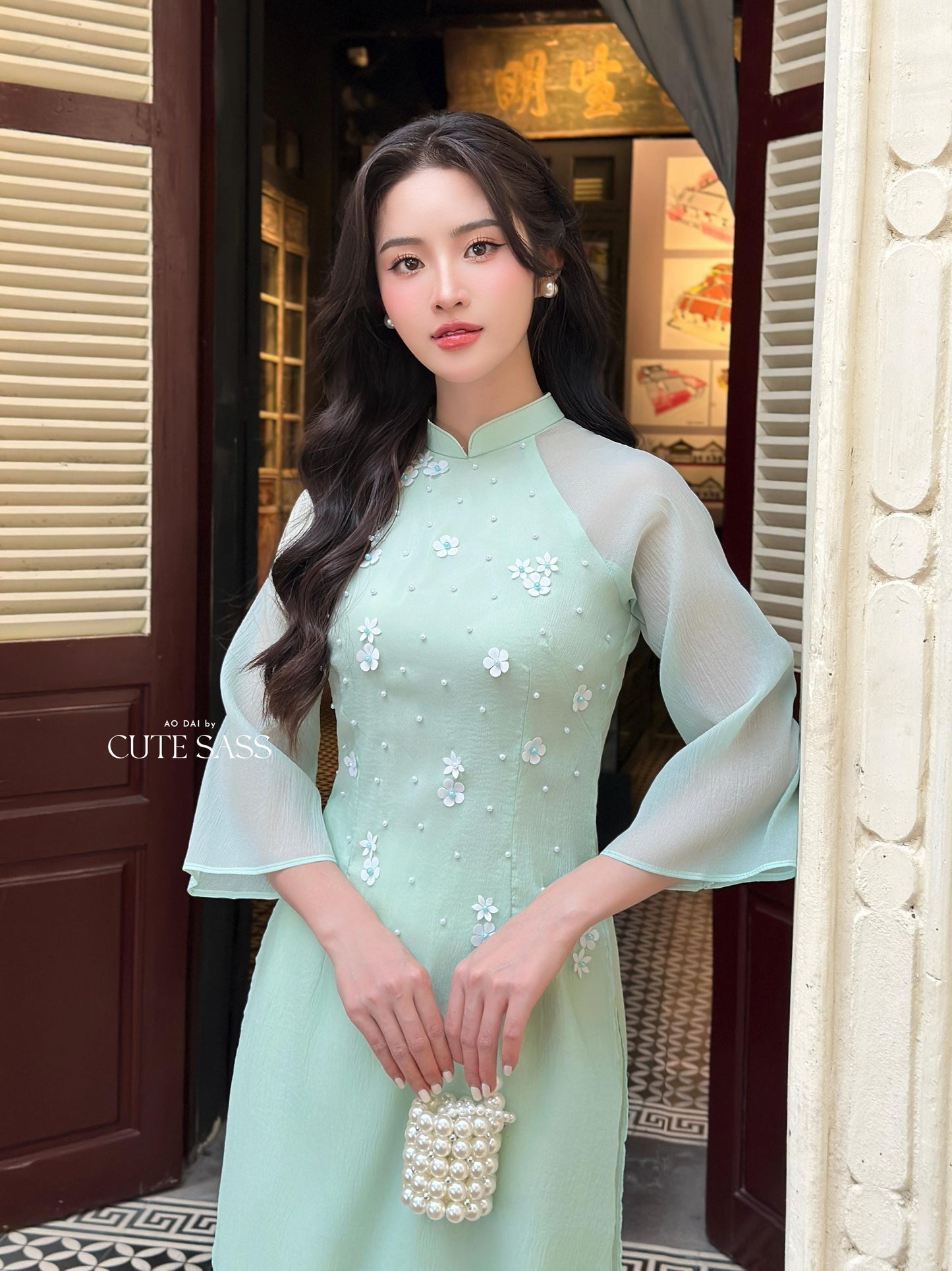 Cyan Sparkle White Daisy Ao Dai Set 17B