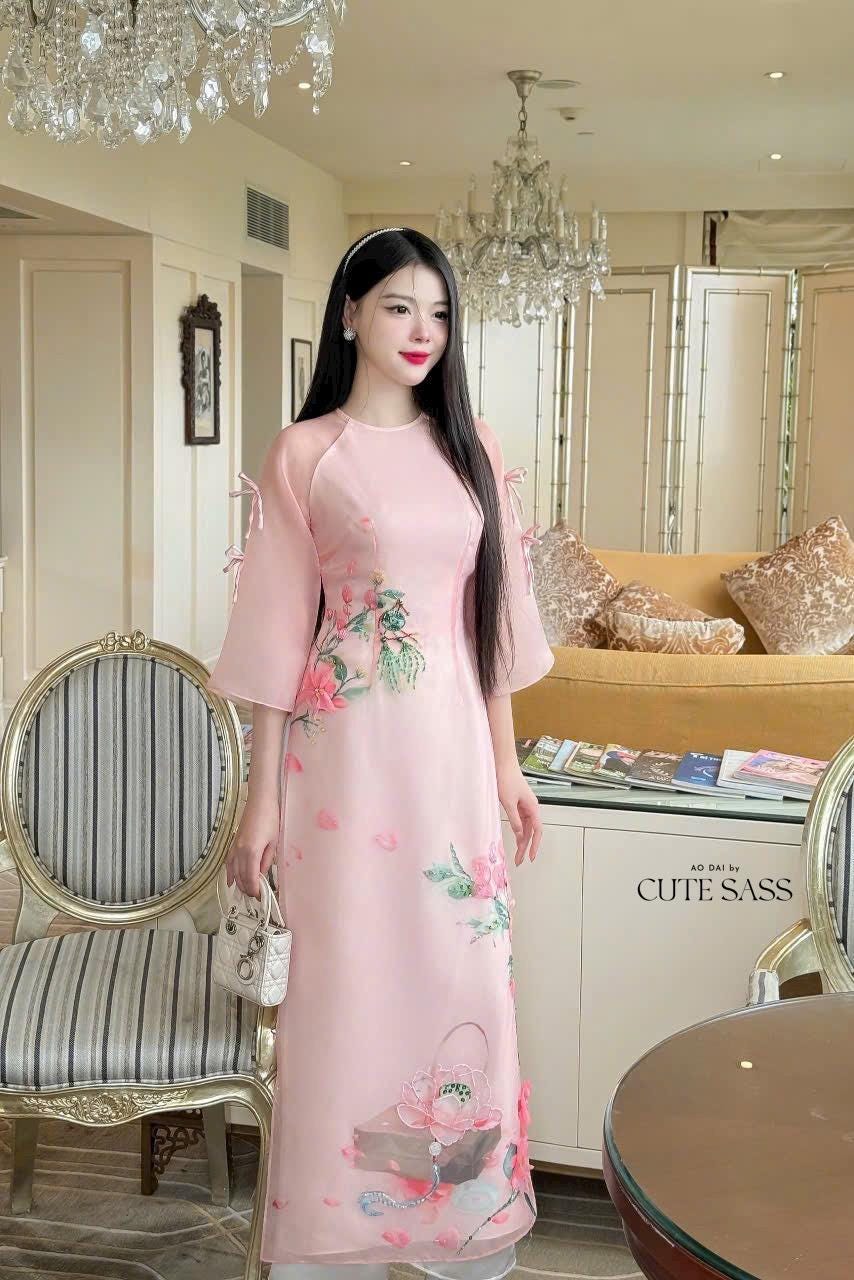 Peach Lotus Bow Sleeves Ao Dai Set 19D