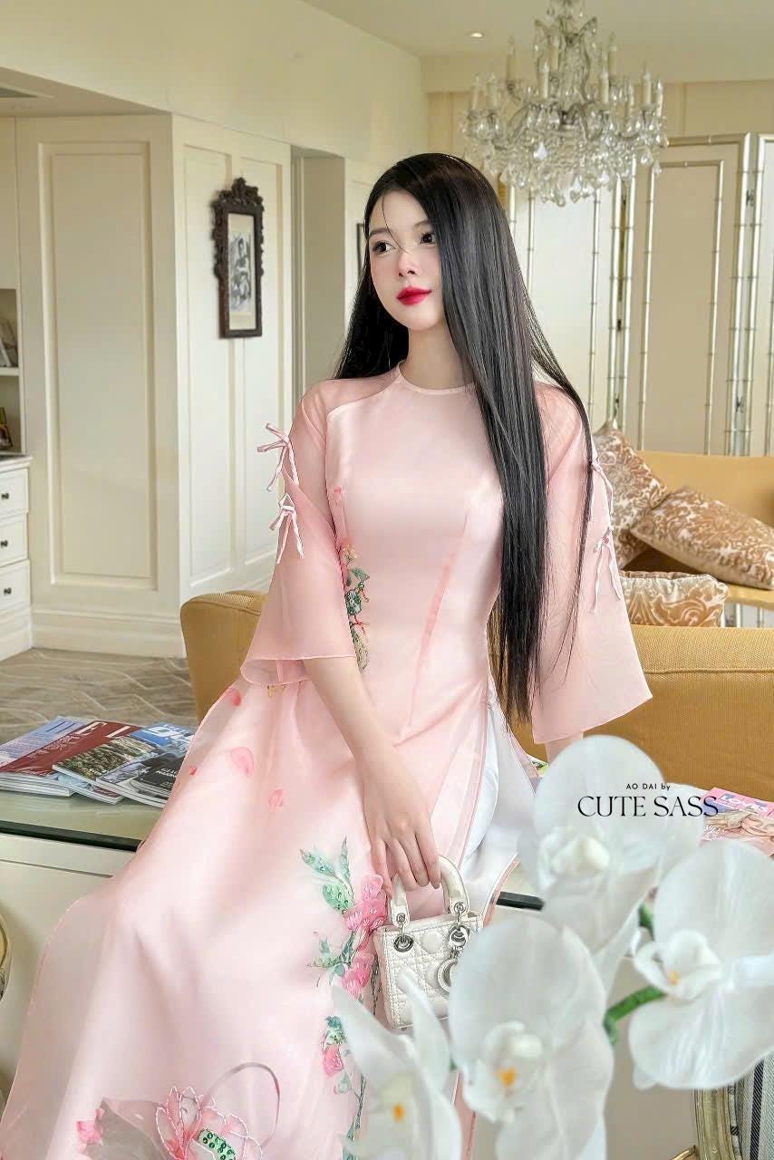 Peach Lotus Bow Sleeves Ao Dai Set 19D