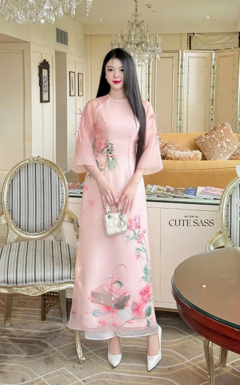 Peach Lotus Bow Sleeves Ao Dai Set 19D