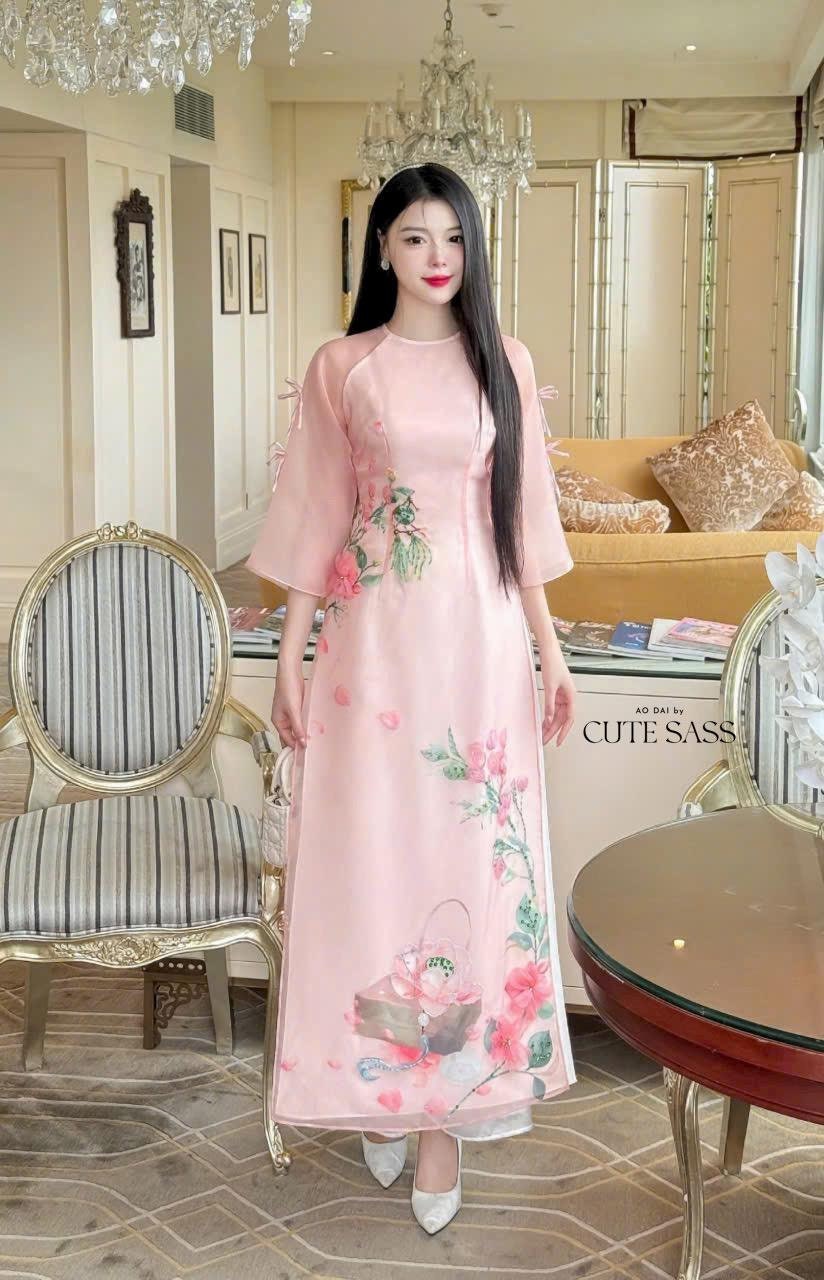 Peach Lotus Bow Sleeves Ao Dai Set 19D