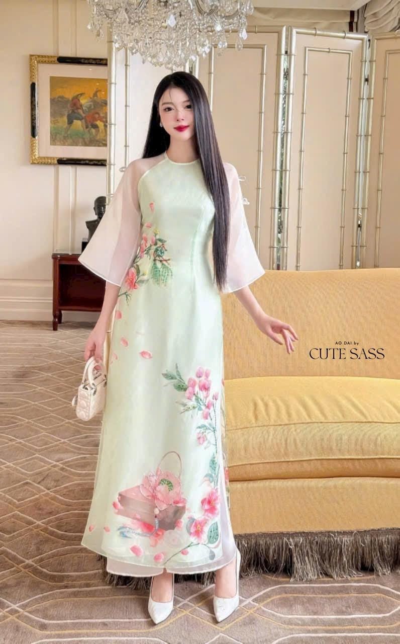 Pastel Green Lotus Bow Sleeves Ao Dai Set 19D