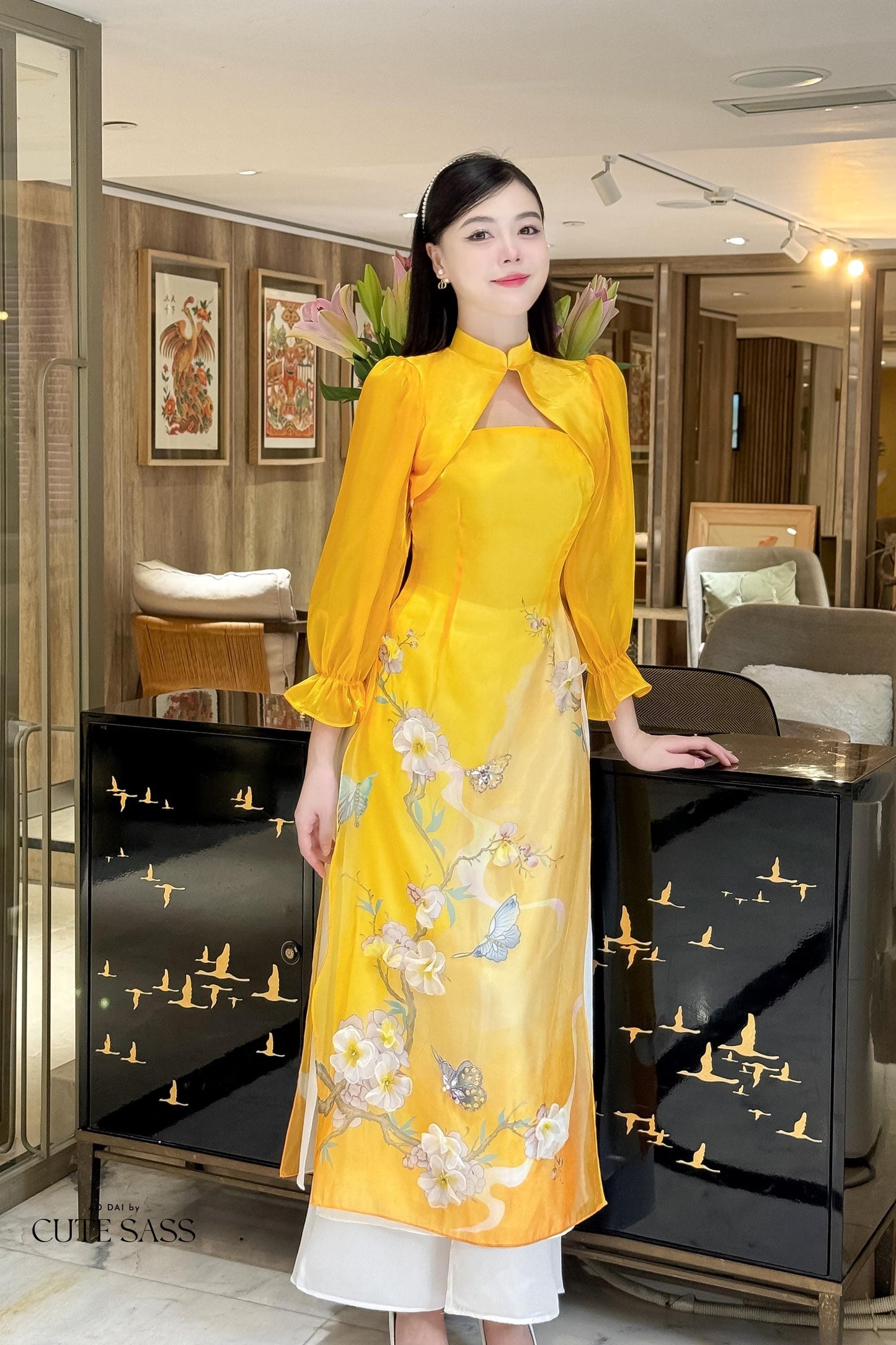 Mom and Daughter Yellow Cut Out Long Sleeves Ao Dai Set 31-32D| Pre-made Traditional Vietnamese Ao Dai | Lunar New Year |