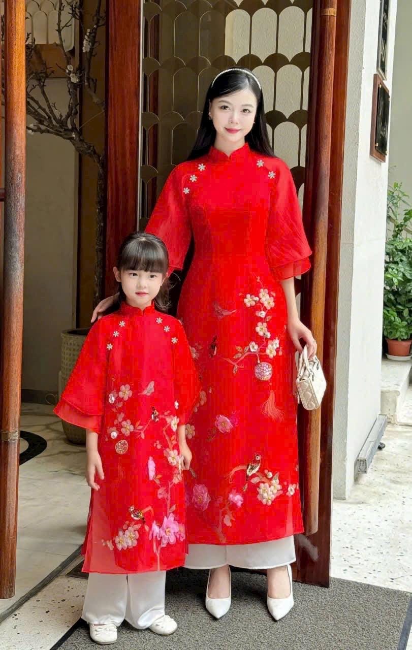 Mom and Daughter Red Sparrow Ao Dai Set 5B| Pre-made Traditional Vietnamese Ao Dai | Lunar New Year |