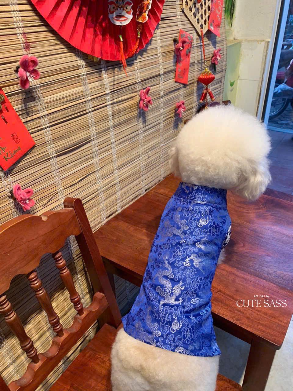 Pet Blue Gam Traditional Ao Dai with Khan Dong (Headband) |Vietnamese Pet Outfit|Cute Dog and Cat Ao Dai|Lunar New Year Pet Clothes|