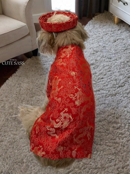 Pet Red Gam Traditional Ao Dai with Khan Dong (Headband) |Vietnamese Pet Outfit|Cute Dog and Cat Ao Dai|Lunar New Year Pet Clothes|