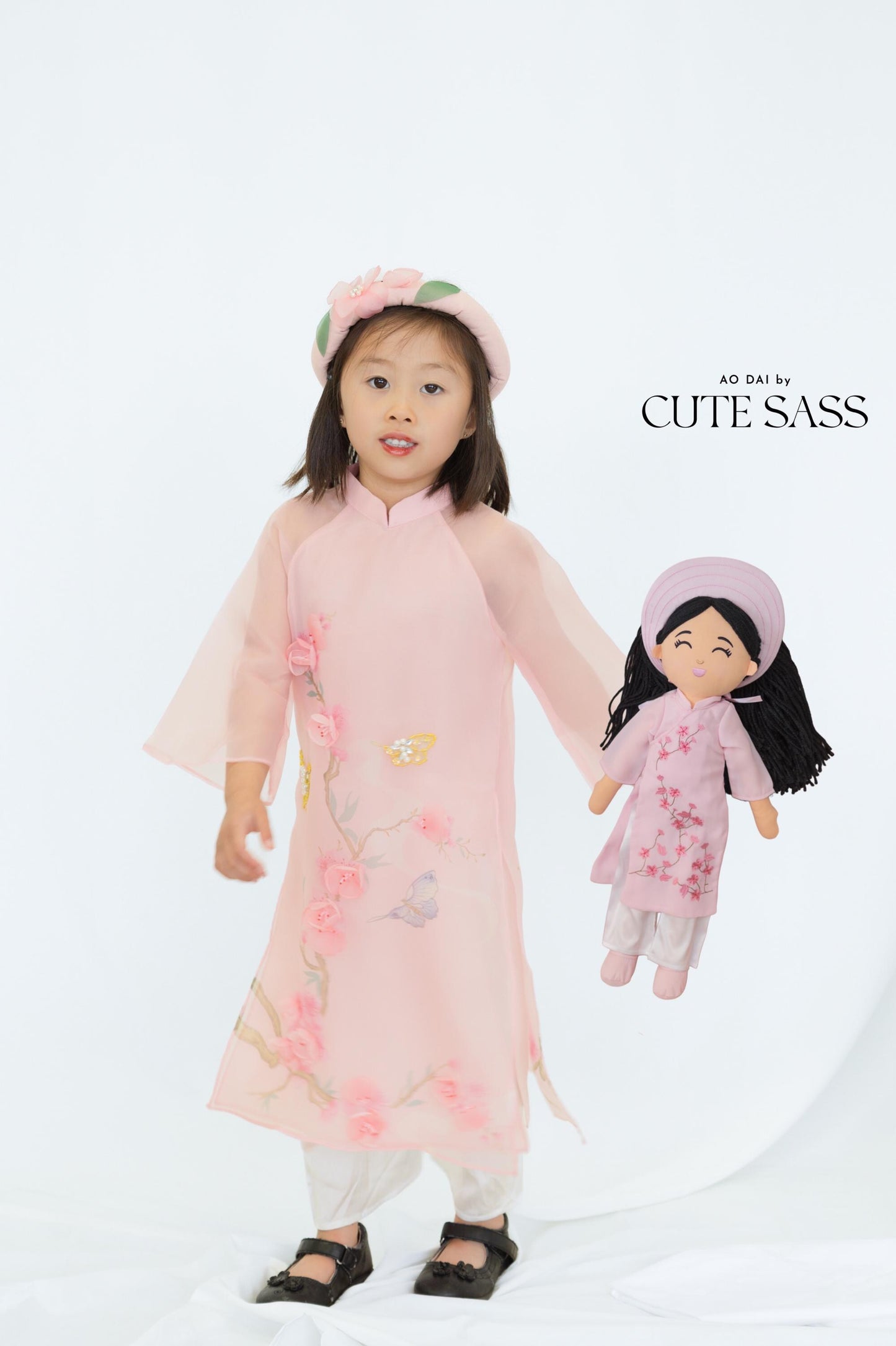 Thuong Girl Ao Dai Set with Headband | Ao Dai by Cute Sass x Joey Doll x Mommy and Me Vietnamese | Traditional Vietnamese Dress for Girl