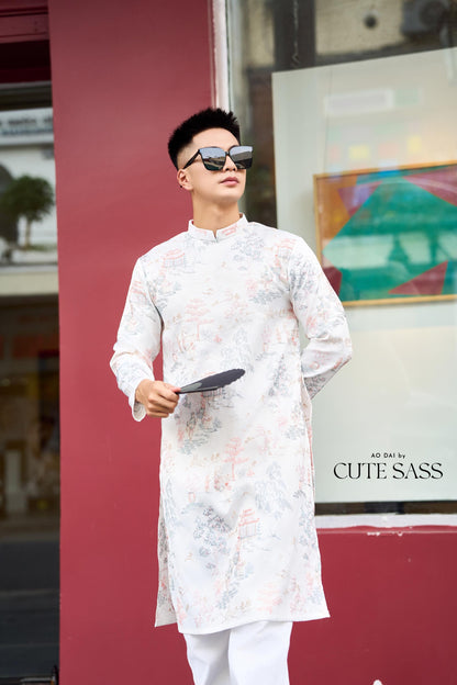 Men White Tu Minh Ao Dai Top 29,38A| Pre-made Vietnamese Ao Dai| Lunar New Year | Ao Dai for Girl, Mom, Dad, Boy | Ao Dai Tet|