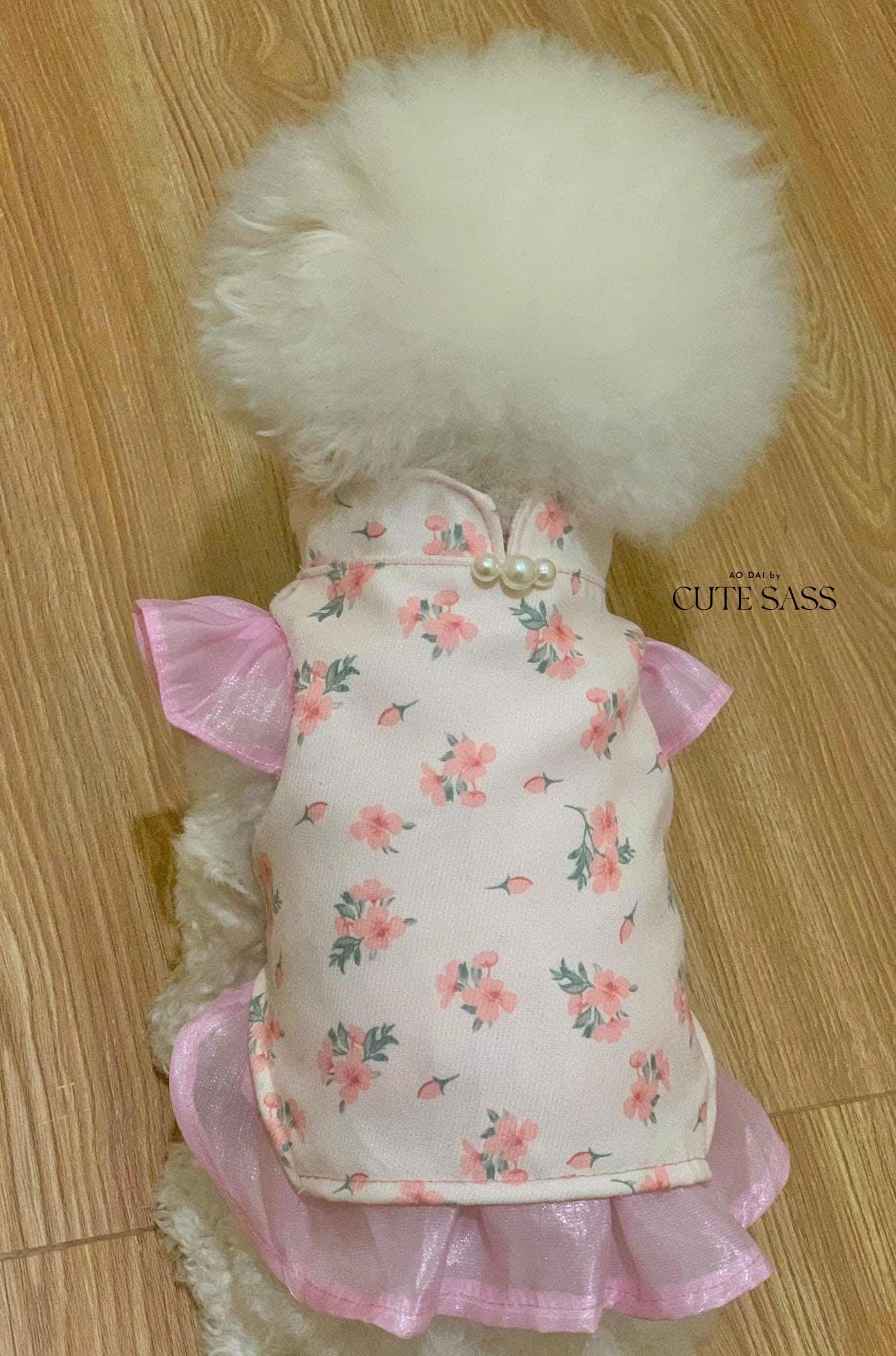 Pet Pink Wing Sleeves Daisy Halter Ao Dai 14-15B| Pet Vietnamese Ao Dai Outfit | Cute Dog and Cat Ao Dai | Lunar New Year Pet Clothes |