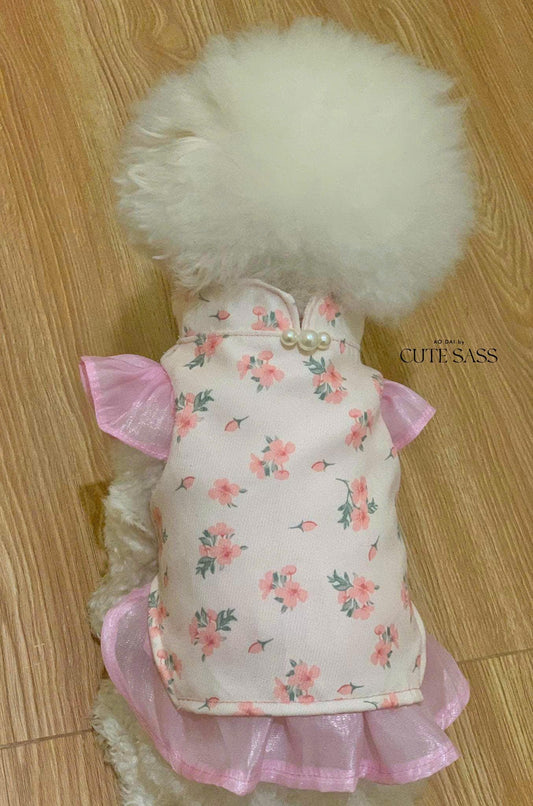 Pet Pink Wing Sleeves Daisy Halter Ao Dai 14-15B| Pet Vietnamese Ao Dai Outfit | Cute Dog and Cat Ao Dai | Lunar New Year Pet Clothes |