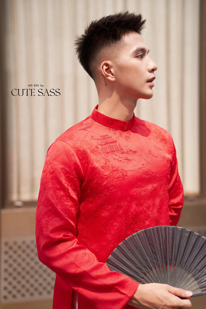 Men Red Tu Minh Ao Dai Top 29,38A| Pre-made Vietnamese Ao Dai| Lunar New Year | Ao Dai for Girl, Mom, Dad, Boy | Ao Dai Tet|