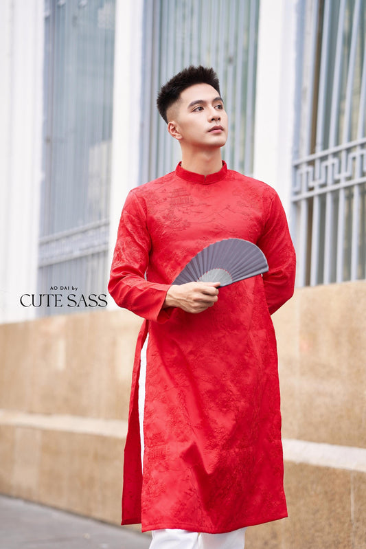 Men Red Tu Minh Ao Dai Top 29,38A| Pre-made Vietnamese Ao Dai| Lunar New Year | Ao Dai for Girl, Mom, Dad, Boy | Ao Dai Tet|