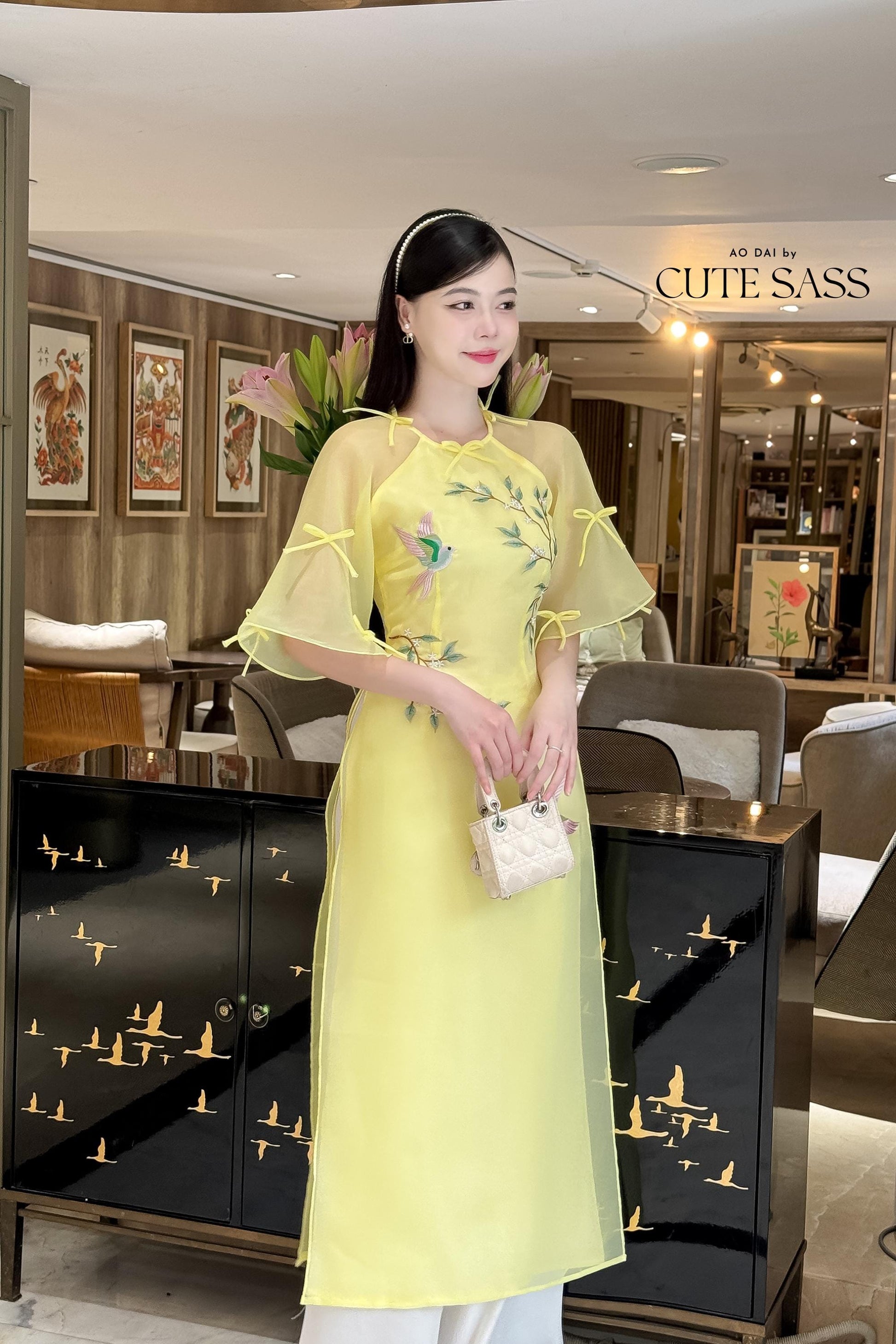 Moc Lan - Yellow Pom Bow Sleeves Ao Dai Set | Pre-made Traditional Vietnamese Women Ao Dai with Pants | Lunar New Year| Ao Dai Cach Tan|