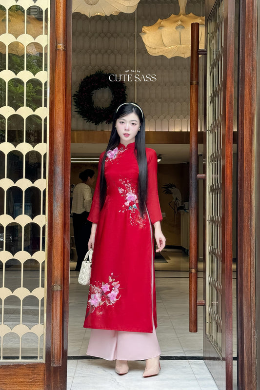 Moc Lan - Red Ombre with Pink Pants Ao Dai Set 18B| Pre-made Traditional Vietnamese Women Ao Dai with Pants |Lunar New Year| Ao Dai Cach Tan