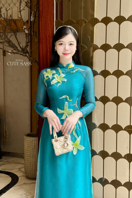 Moc Lan - Turquoise Ribbon Ao Dai Set 12B|Pre-made Traditional Vietnamese Women Ao Dai with Pants | Lunar New Year|Ao Dai Cach Tan