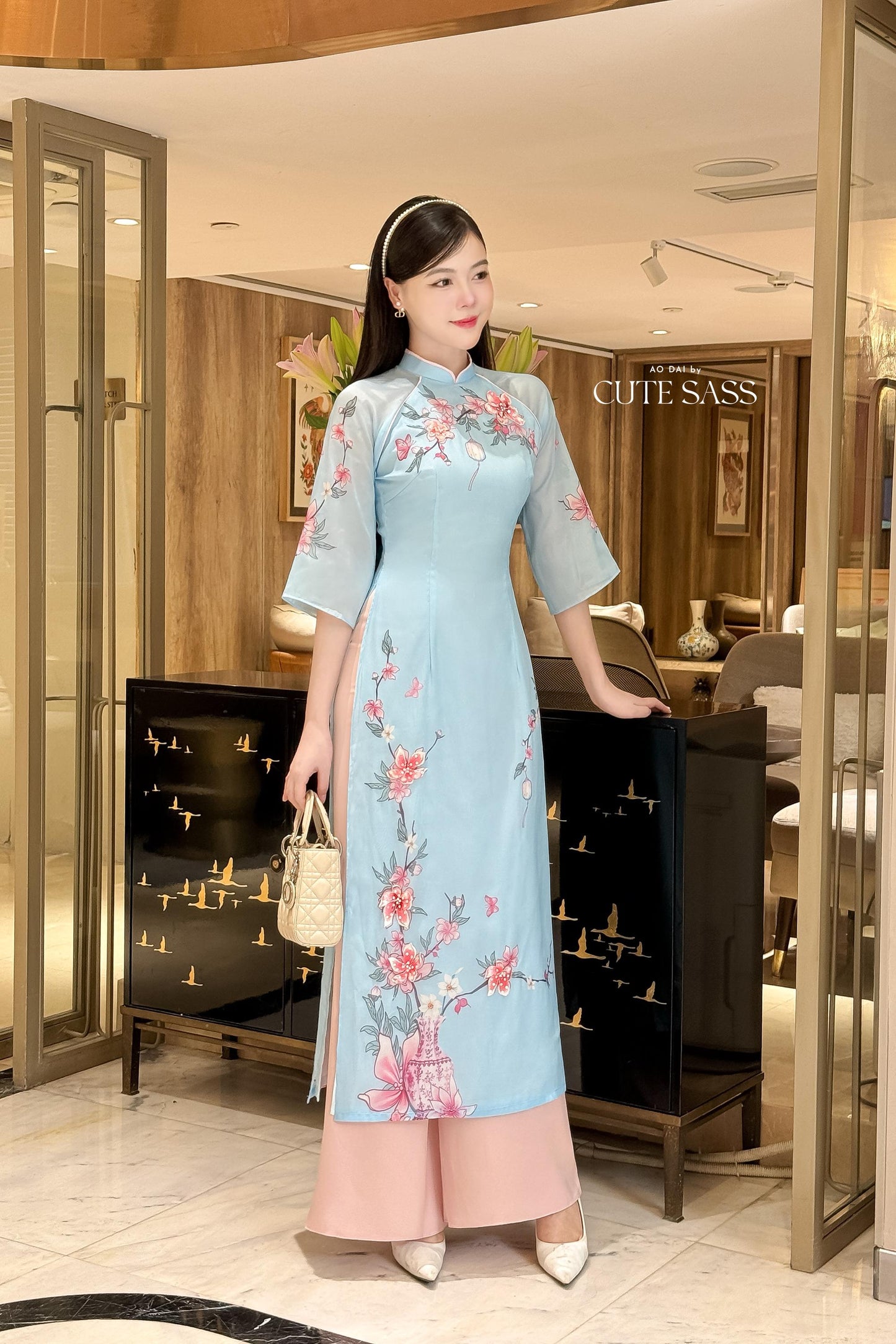 Huyen Mi - Blue Branches Ao Dai Set 20C|Pre-made Traditional Vietnamese Women Ao Dai with Pants | Lunar New Year|Ao Dai Cach Tan